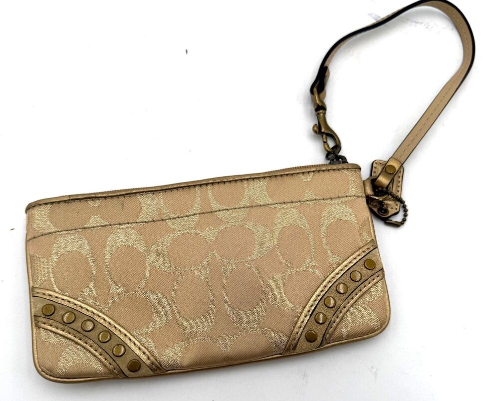 Coach Gold Lurex Zip Up Studded Logo Wristlet